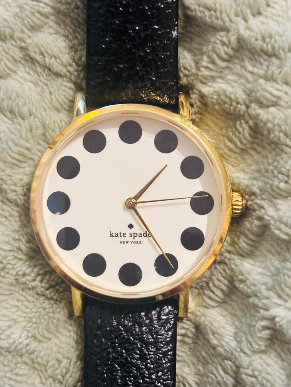 kate spade Gold-Tone Watch with Black Polka Dot Dial and Black Leather Strap